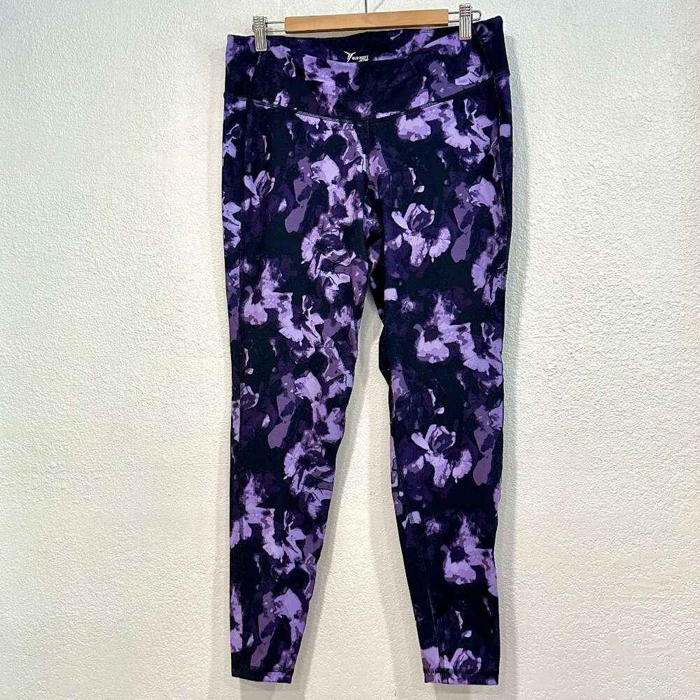 Old Navy Active Leggings Purple Black Floral Stretch EUC - 28" Inseam Womens XL